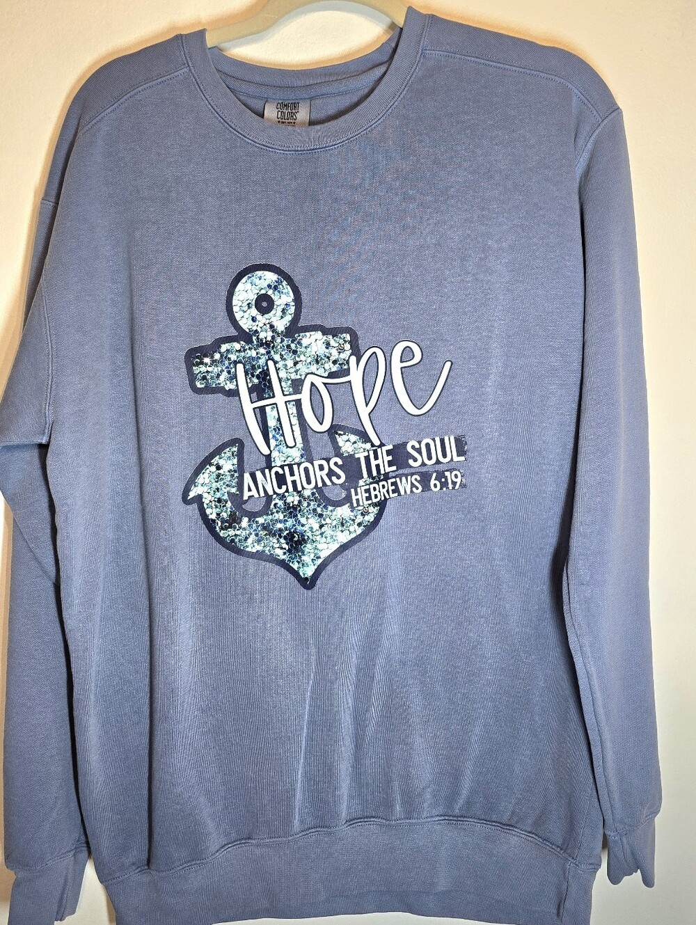 Comfort Colors Blue Crewneck Sweatshirt with Anchor 'Hope' Graphic